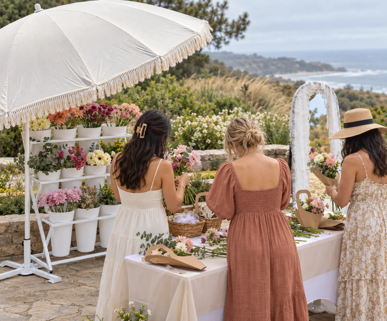 Styled coastal setting with a white fringed umbrella, colorful flower buckets, and guests arranging bouquets beside the sea