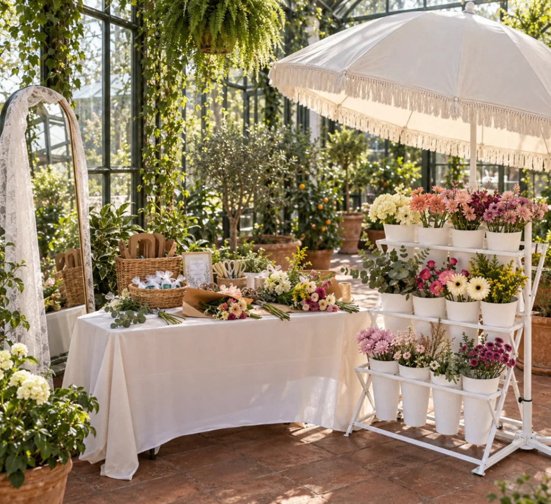 Styled conservatory flower bar with colorful flowers, a white fringed umbrella, wrapping table, and lush greenery