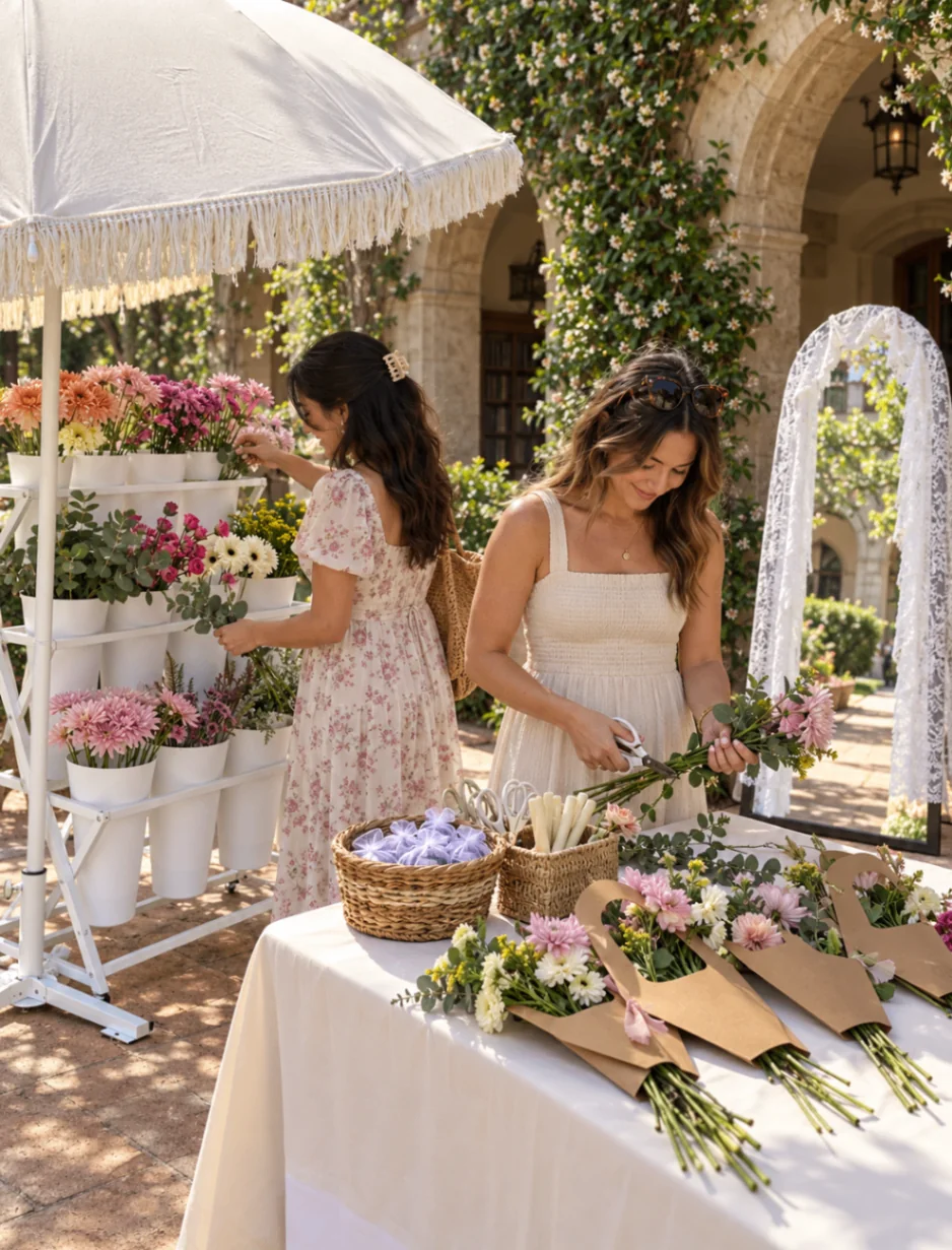 Styled garden terrace with a tiered flower rack, wrapping table, and a guest selecting stems in warm sunlight
