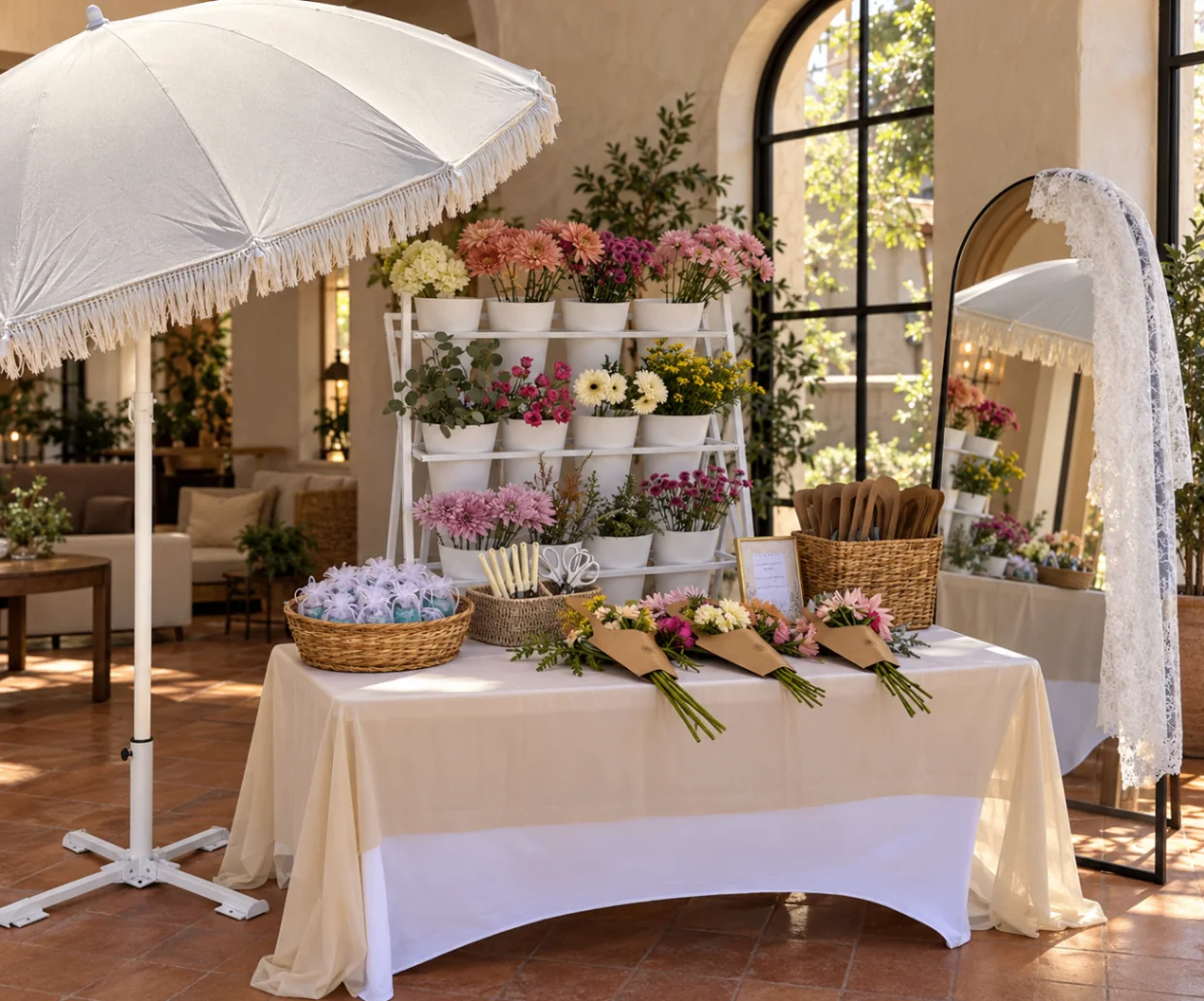 Styled sunlit courtyard flower bar with a white fringed umbrella, colorful flower buckets, wrapping table, and standing mirror
