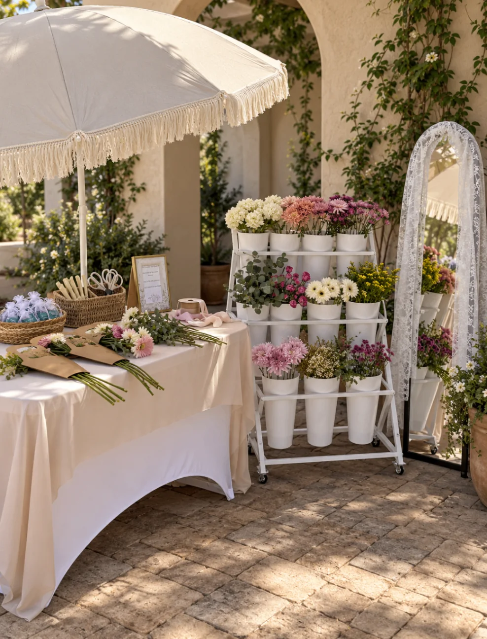 Styled shaded patio with blush and cream flower buckets, a white table, and a standing mirror