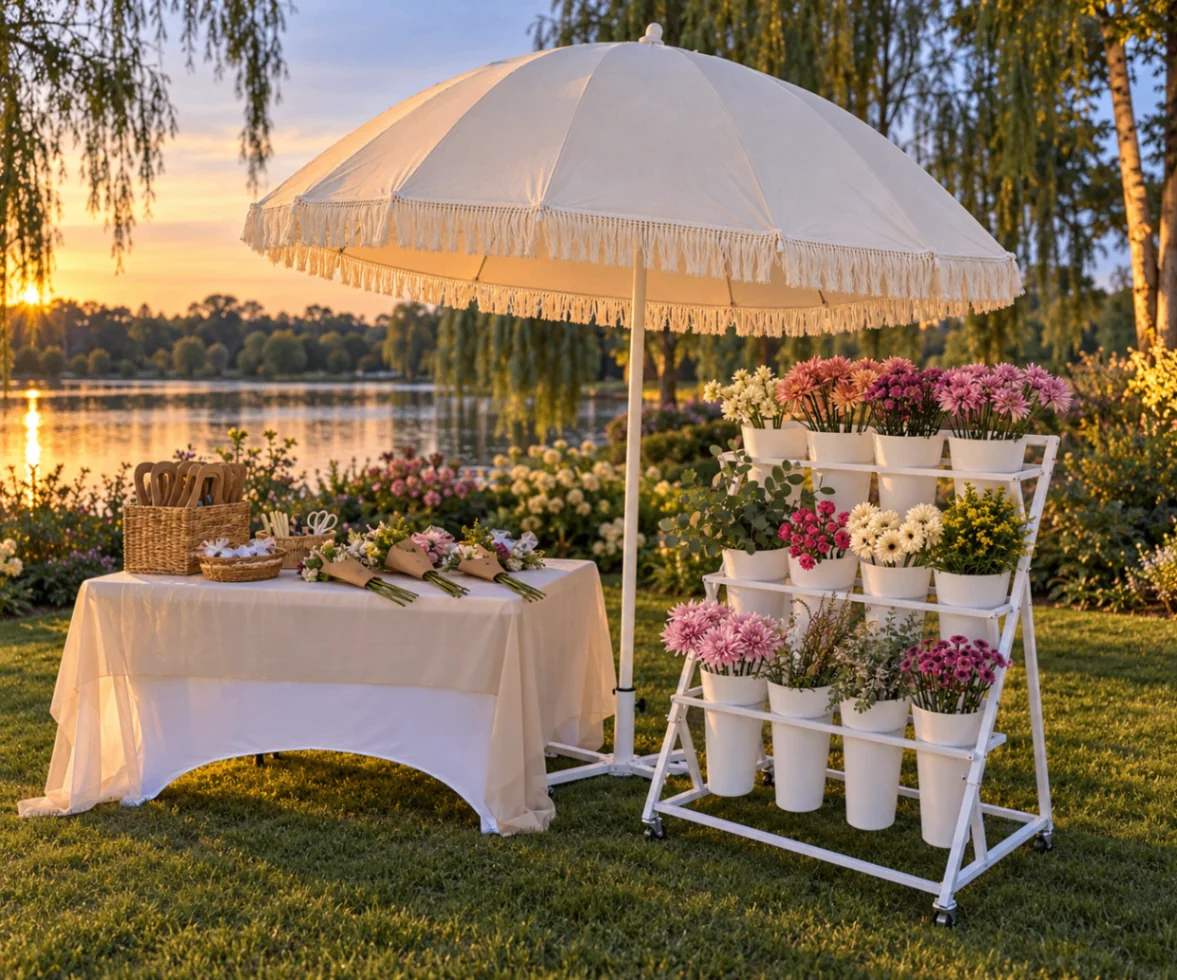Styled lakeside flower bar at sunset with a white fringed umbrella, tiered flower buckets, and a bouquet-wrapping table