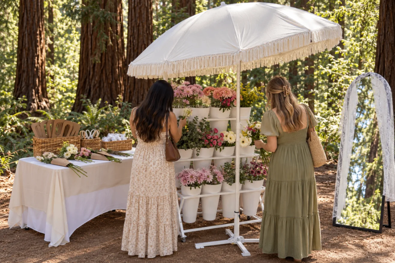 Styled woodland setting with the flower bar beneath a white umbrella and guests choosing flowers among tall trees