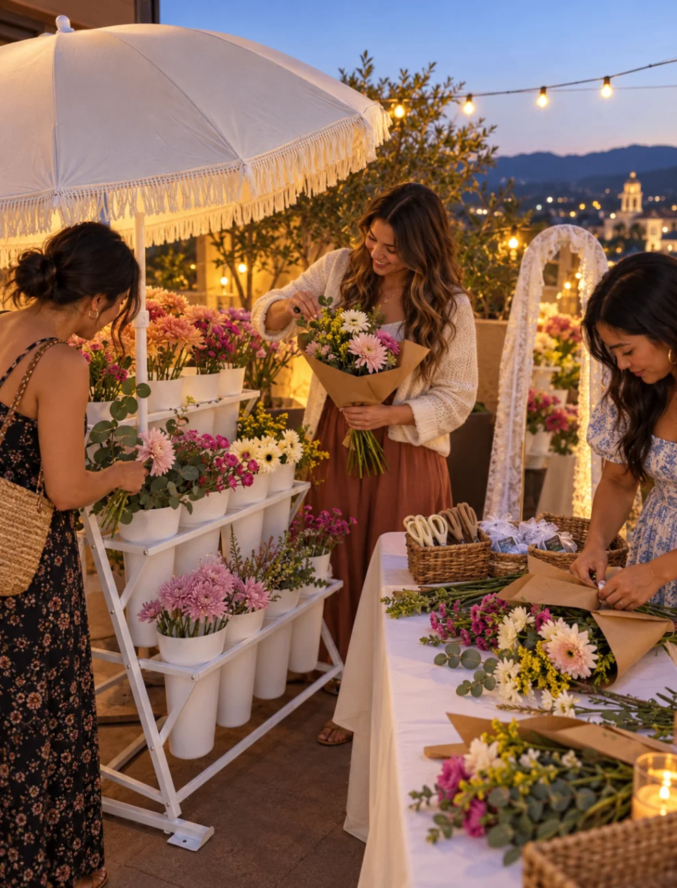 Styled evening flower bar with pink and cream flowers, bouquet-making guests, and glowing string lights