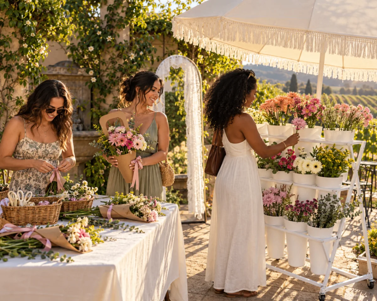 Styled sunlit gathering with guests making colorful bouquets at the white flower-bar table beneath a fringed umbrella